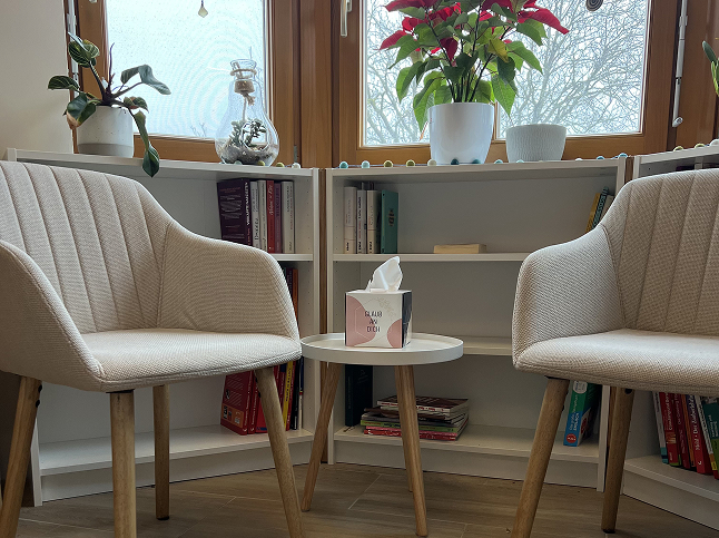 Zwei Stühle mit einem kleinen Tisch dazwischen, sind im Office platziert. Dahinter sind im Regal Bücher platziert und man kann Blumen auf der Fensterbank vor den Fenstern sehen.